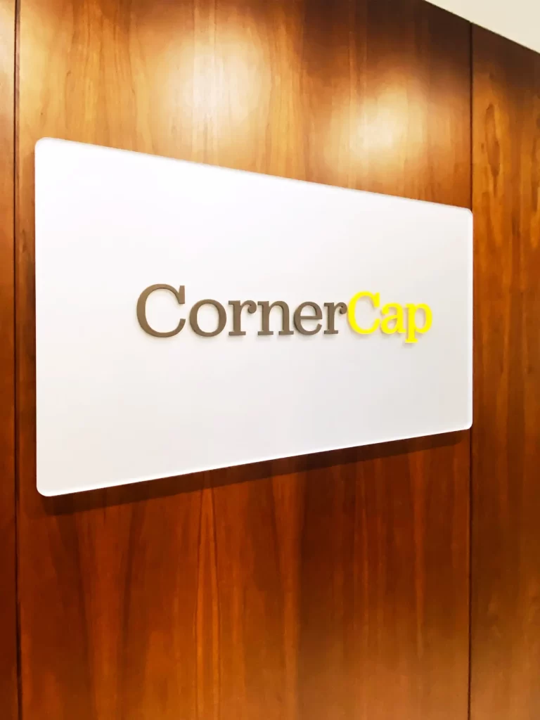 CornerCap Dimensional Interior Wall Signage | 360CSG Dimensional interior wall signage with custom fabricated lettering for CornerCap branding by 360CSG in a corporate office environment in Johns Creek, GA