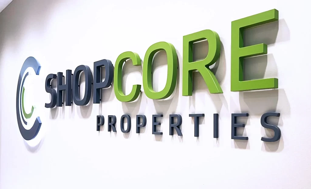 Corporate Interiors dimensional signage featuring custom fabricated logo lettering for ShopCore Properties by 360CSG in Vinings, GA