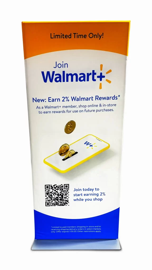 Branded Fabric Graphic Display Stand | 360CSG Custom fabric graphic display stand produced by 360CSG featuring Walmart Rewards branding for retail promotional signage and in-store marketing in Norcross, GA
