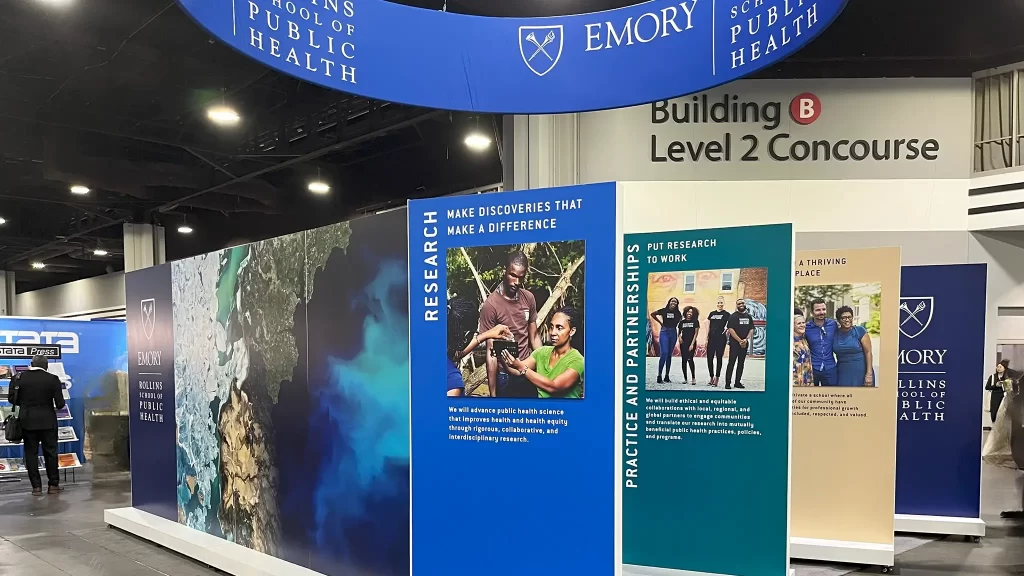 Custom Trade Show Exhibit for Emory University – Industry Solution by 360CSG | 360CSG Trade show exhibit with custom fabrication solutions and fabric graphics, showcasing Emory University’s public health research, Innovative Solutions by 360CSG