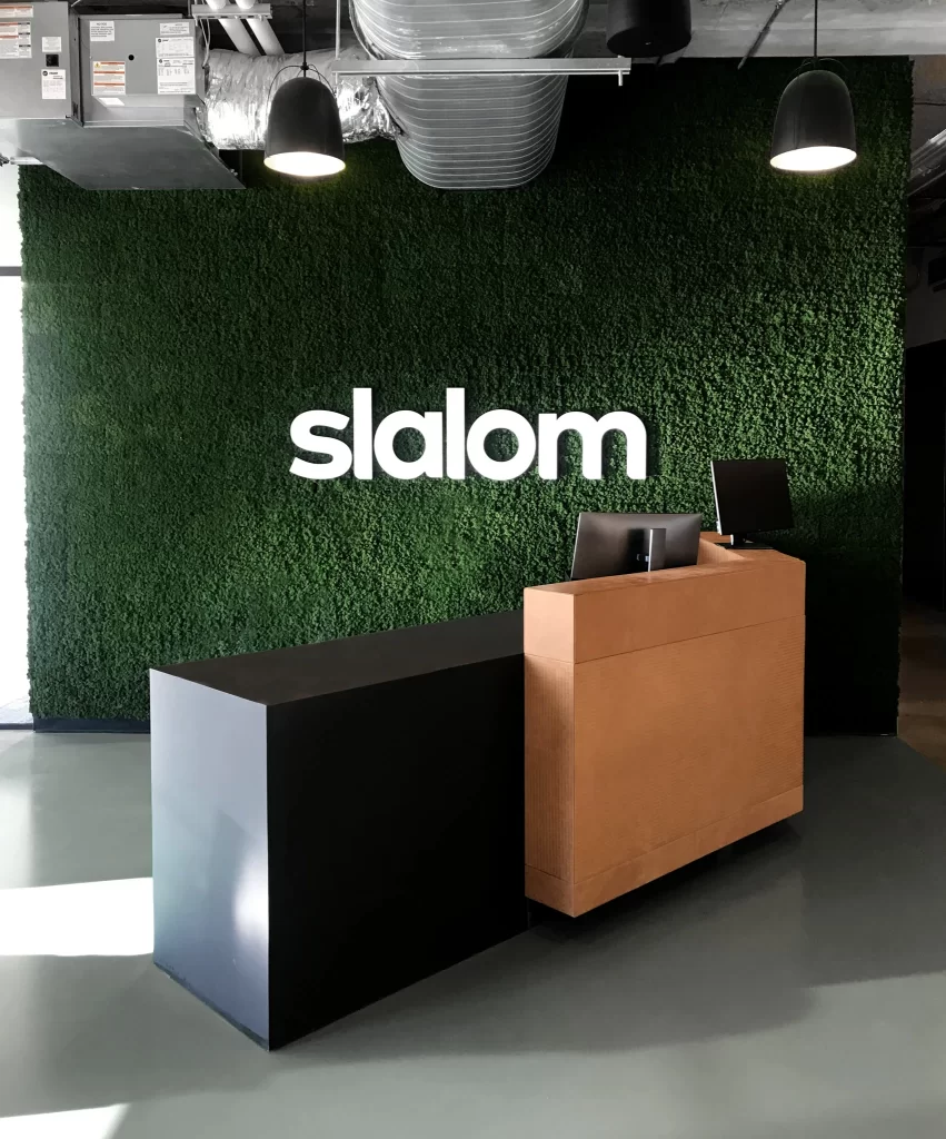 Dimensional Signage Reception Desk with Slalom Logo | 360CSG dimensional signage slalom logo reception desk 360CSG in PEACHTREE CORNERS, GA