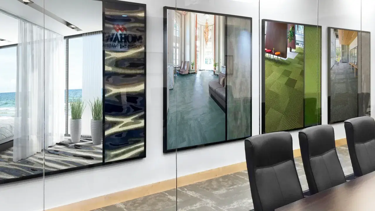 Custom displays for Mohawk Group featuring magnetic frame product displays, dimensional wall signage, and fabric graphic panels in a corporate showroom by 360CSG