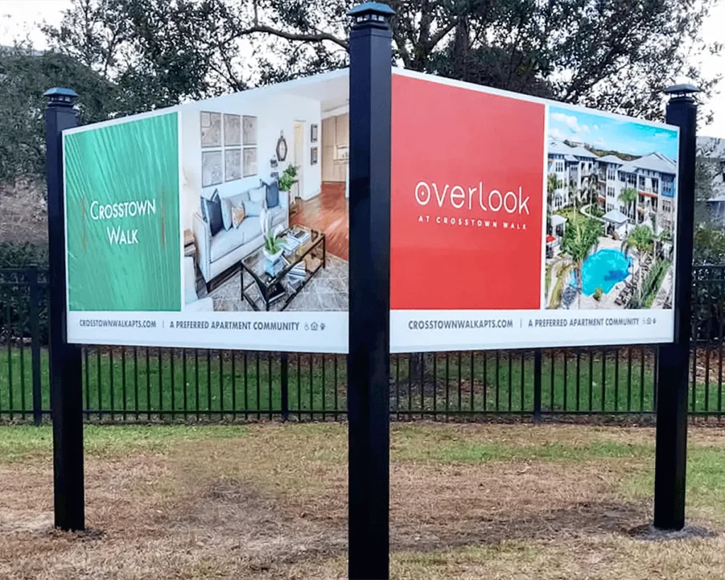 Apartment Community Outdoor Banner Signage | 360CSG Outdoor banner signage for Crosstown Walk and Overlook at Crosstown Walk, showcasing apartment interiors and amenities.